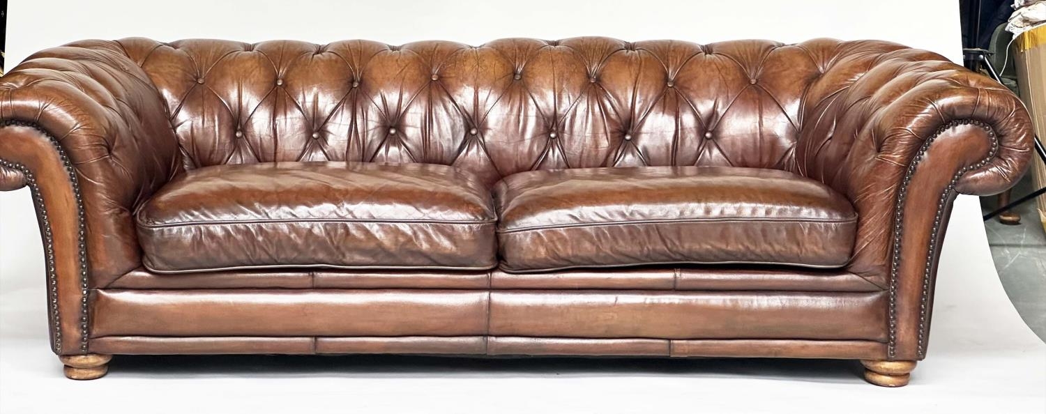 CHESTERFIELD SOFA, Victorian style natural soft antique hand finished tan brown leather with deep