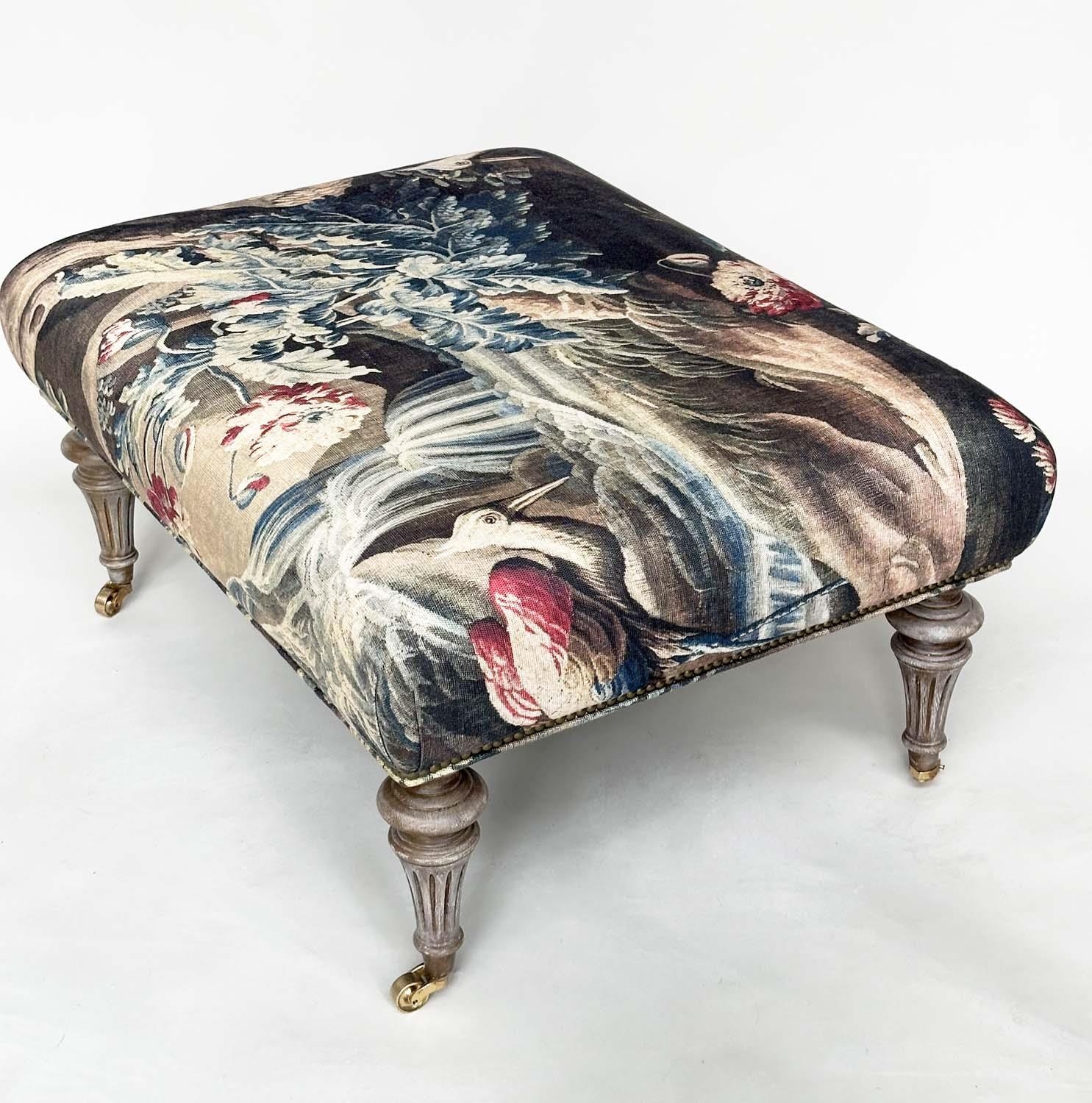HEARTH STOOL, rectangular tapestry style linen raised upon turned tapering bleached oak supports, - Image 12 of 14