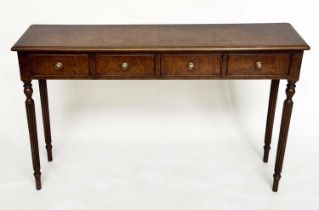 HALL TABLE, George III design burr walnut and crossbanded with four frieze drawers and reeded turned