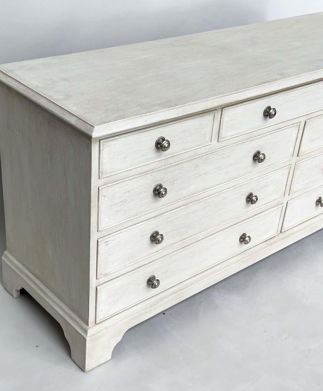 LOW CHEST, Georgian style grey painted with nine drawers and bracket supports, 152cm x 43cm x 67cm - Image 6 of 7