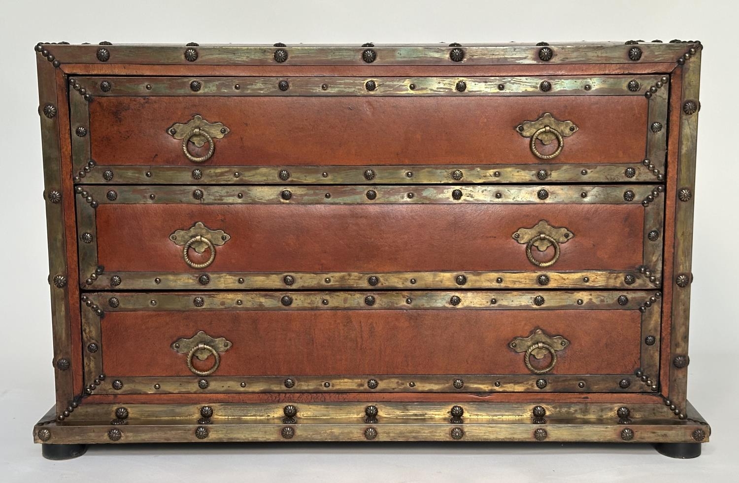 SPANISH STYLE CHEST, vintage leather and brass bound with three drawers and carrying handles, 95cm W - Image 2 of 16