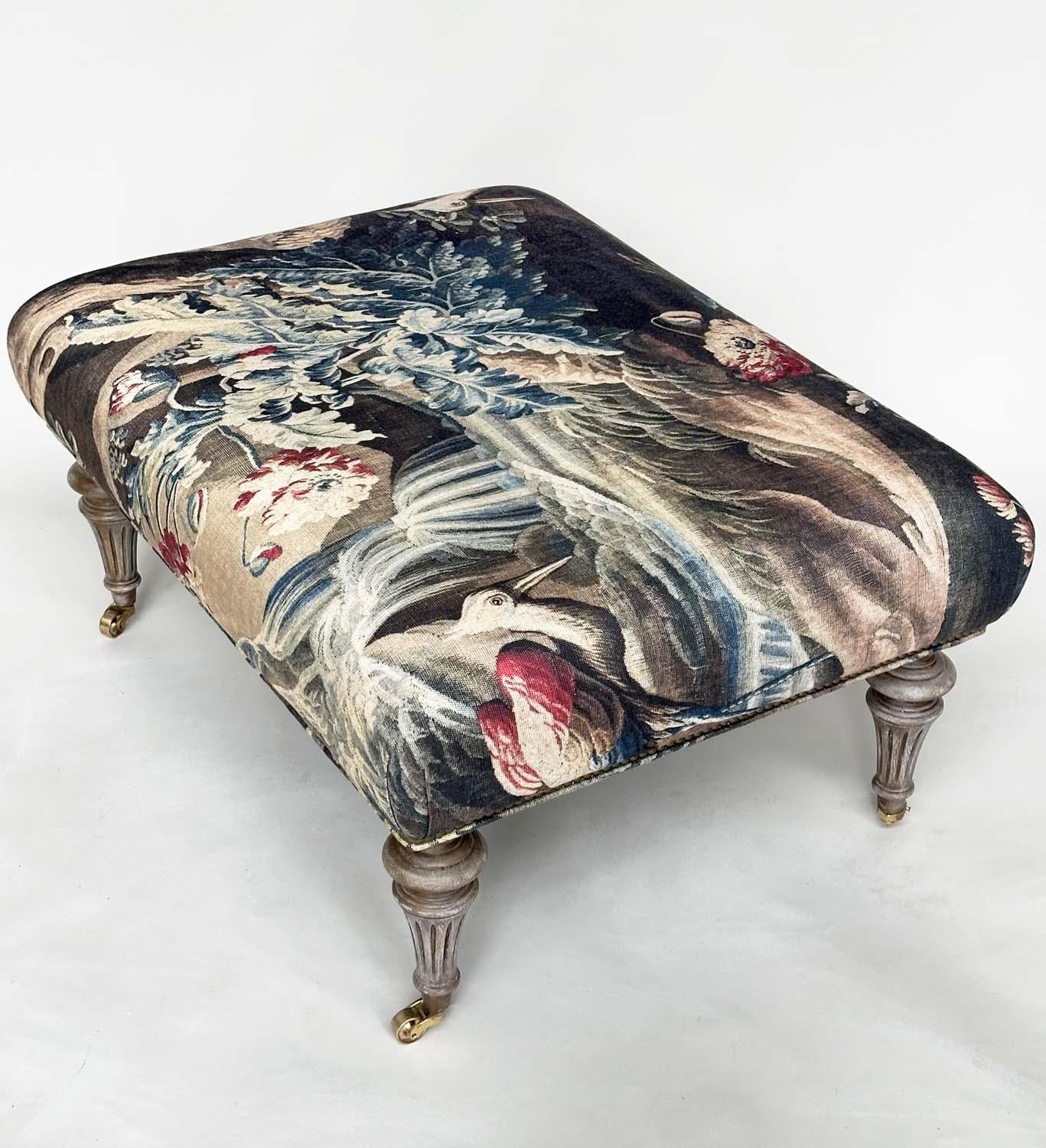 HEARTH STOOL, rectangular tapestry style linen raised upon turned tapering bleached oak supports, - Image 13 of 14