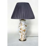 TABLE LAMP, Chinese ceramic vase form brass mounted with trailing gilt decoration and pleated shade,