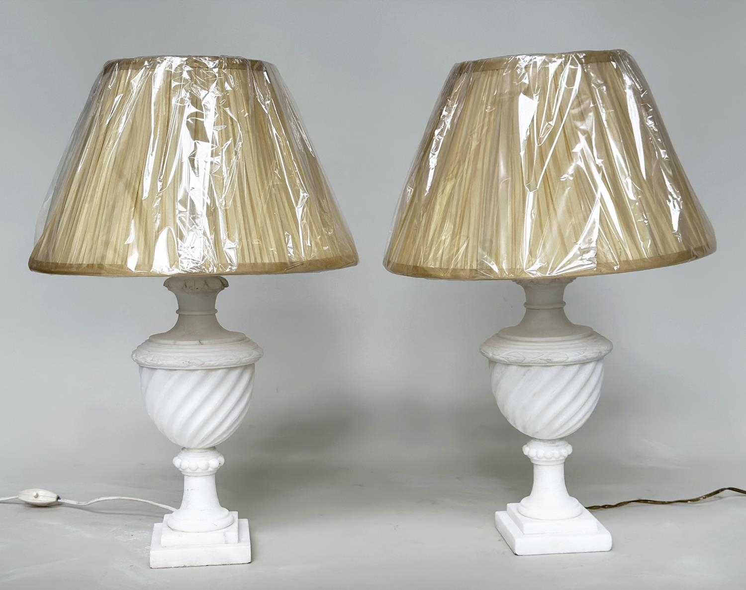 TABLE LAMPS, a pair, Italian alabaster of spiral urn form with stepped square bases and shades, 66cm - Image 3 of 5