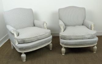 BERGERES, a pair, white painted in ticking upholstery, 85cm H x 74cm W. (2)