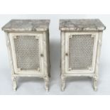 TABLES DE NUIT, a pair, French traditional style grey painted, each with cane panelled door,