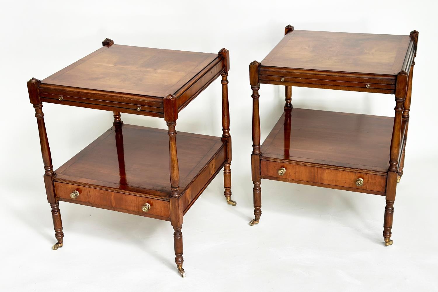 LAMP TABLES, a pair, George III design yewwood each with brushing slide, drawer and two tiers, - Image 4 of 14