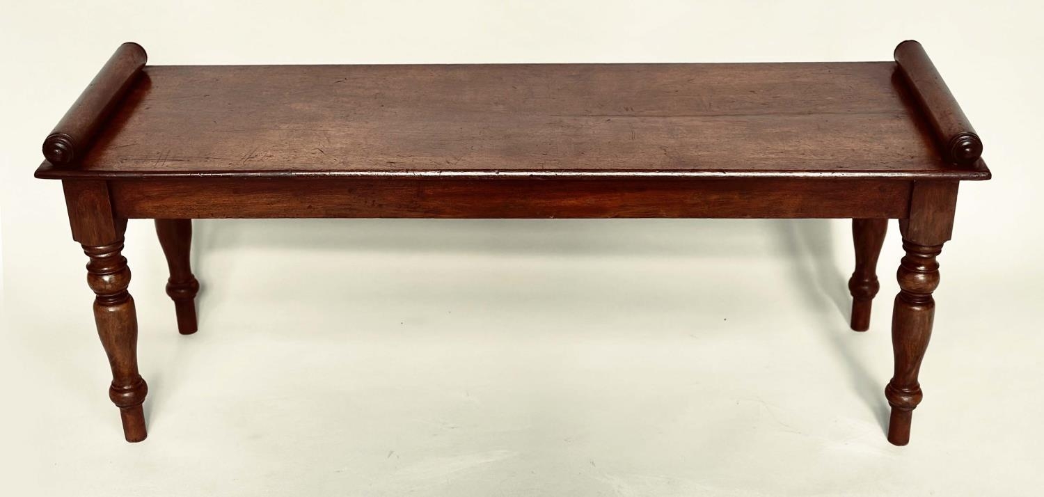 HALL BENCH, early 19th century mahogany rectangular with finely turned bolsters and tapering