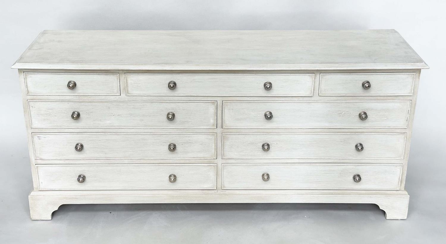 LOW CHEST, Georgian style grey painted with nine drawers and bracket supports, 152cm x 43cm x 67cm - Image 2 of 7