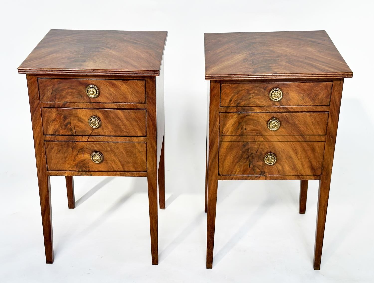 BEDSIDE CHESTS, a pair, Georgian style figured mahogany each with three drawers, 40cm W x 38cm D x - Image 6 of 6
