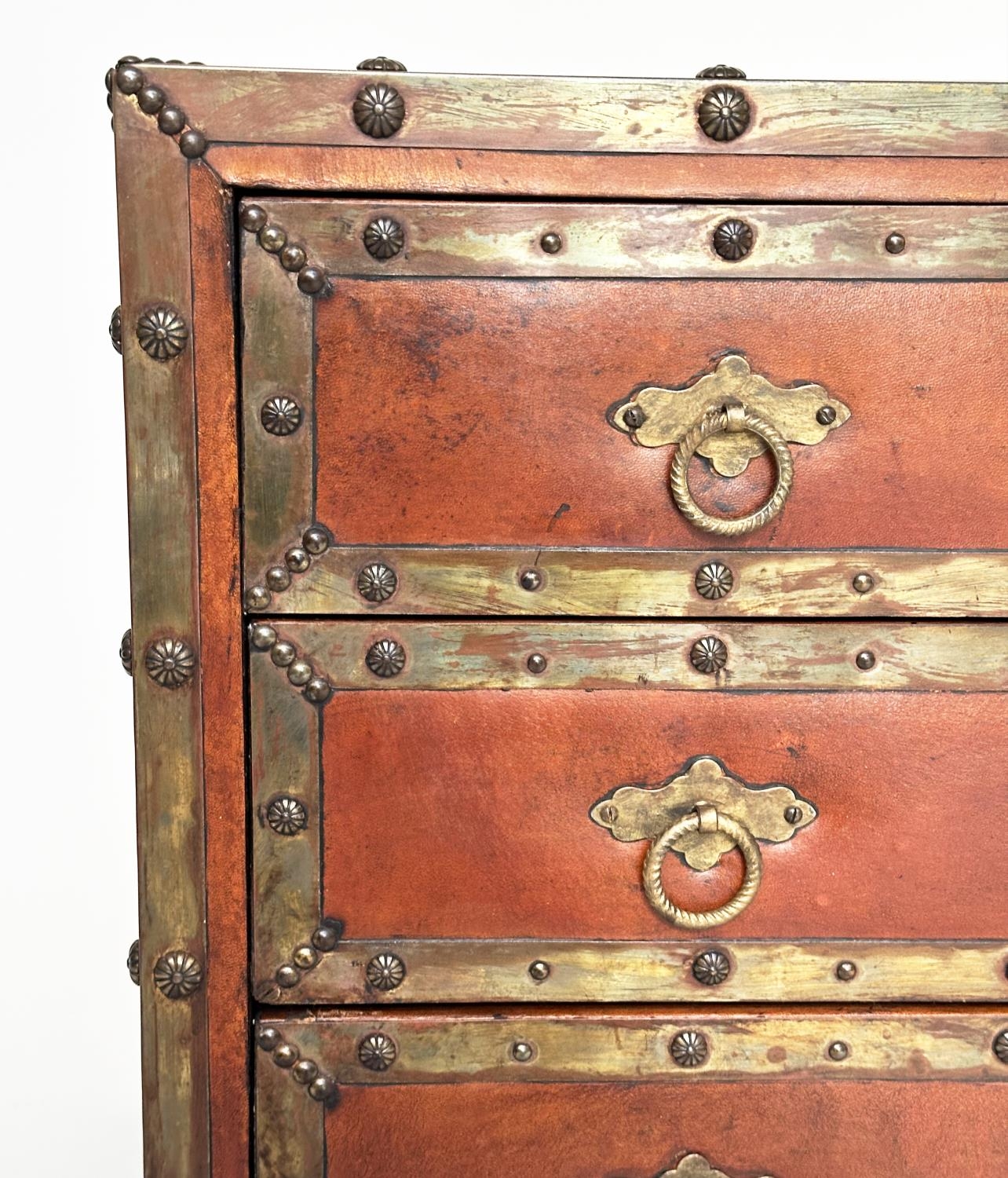 SPANISH STYLE CHEST, vintage leather and brass bound with three drawers and carrying handles, 95cm W - Image 8 of 16