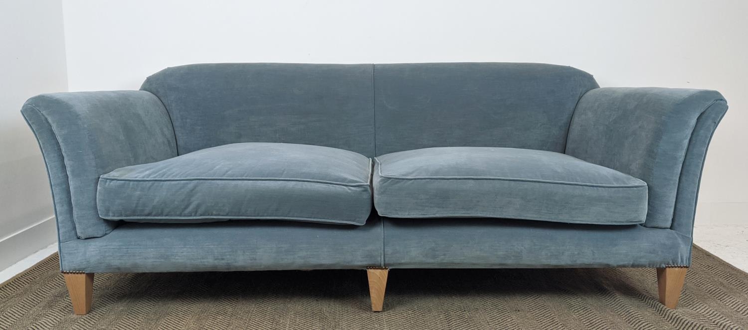 SOFA, velvet upholstered with seat cushions and beechwood legs, 83cm H x 224cm W x 103cm D. - Image 3 of 10