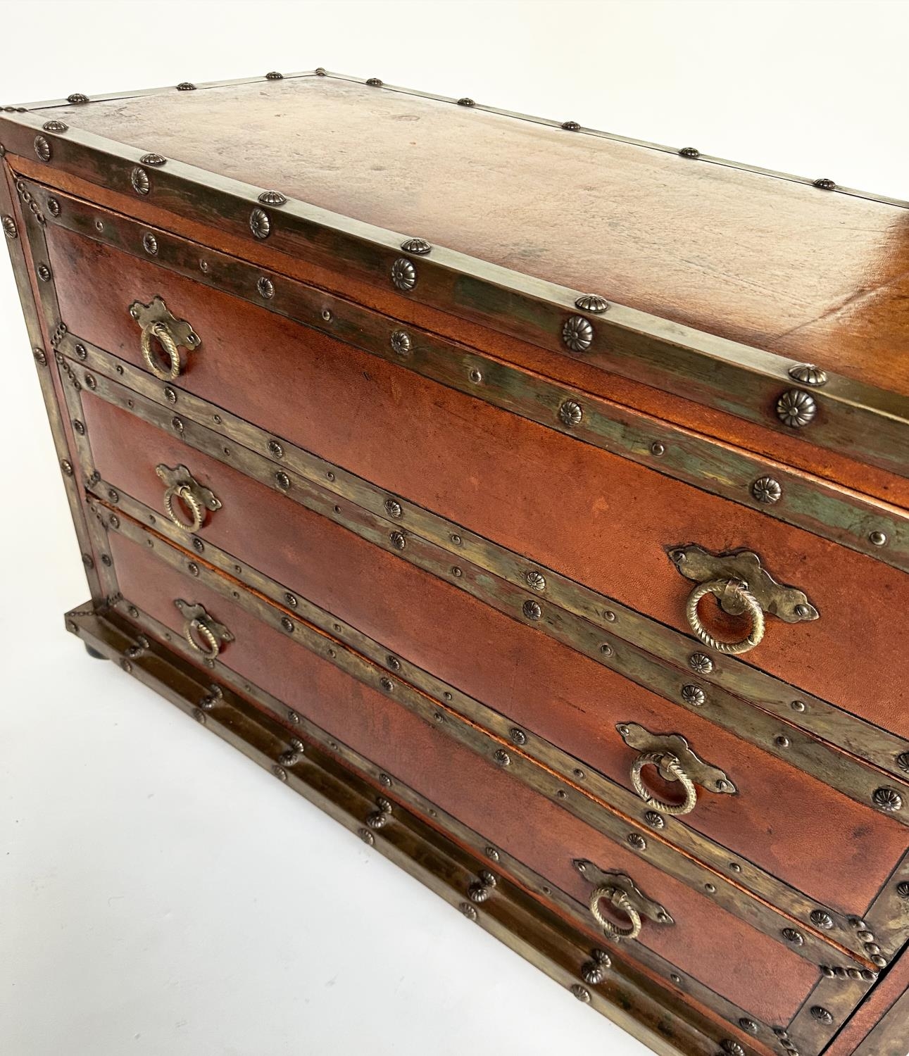 SPANISH STYLE CHEST, vintage leather and brass bound with three drawers and carrying handles, 95cm W - Image 16 of 16