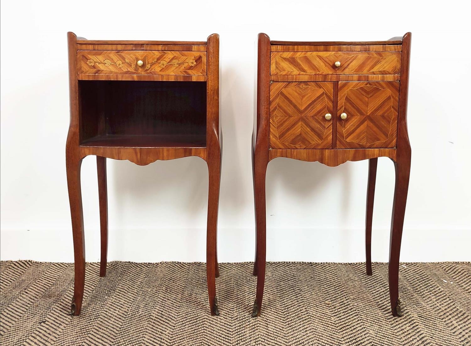 BEDSIDE CABINETS, a matched pair, Louis XV style tulipwood and inlaid, one with marquetry and - Image 2 of 10