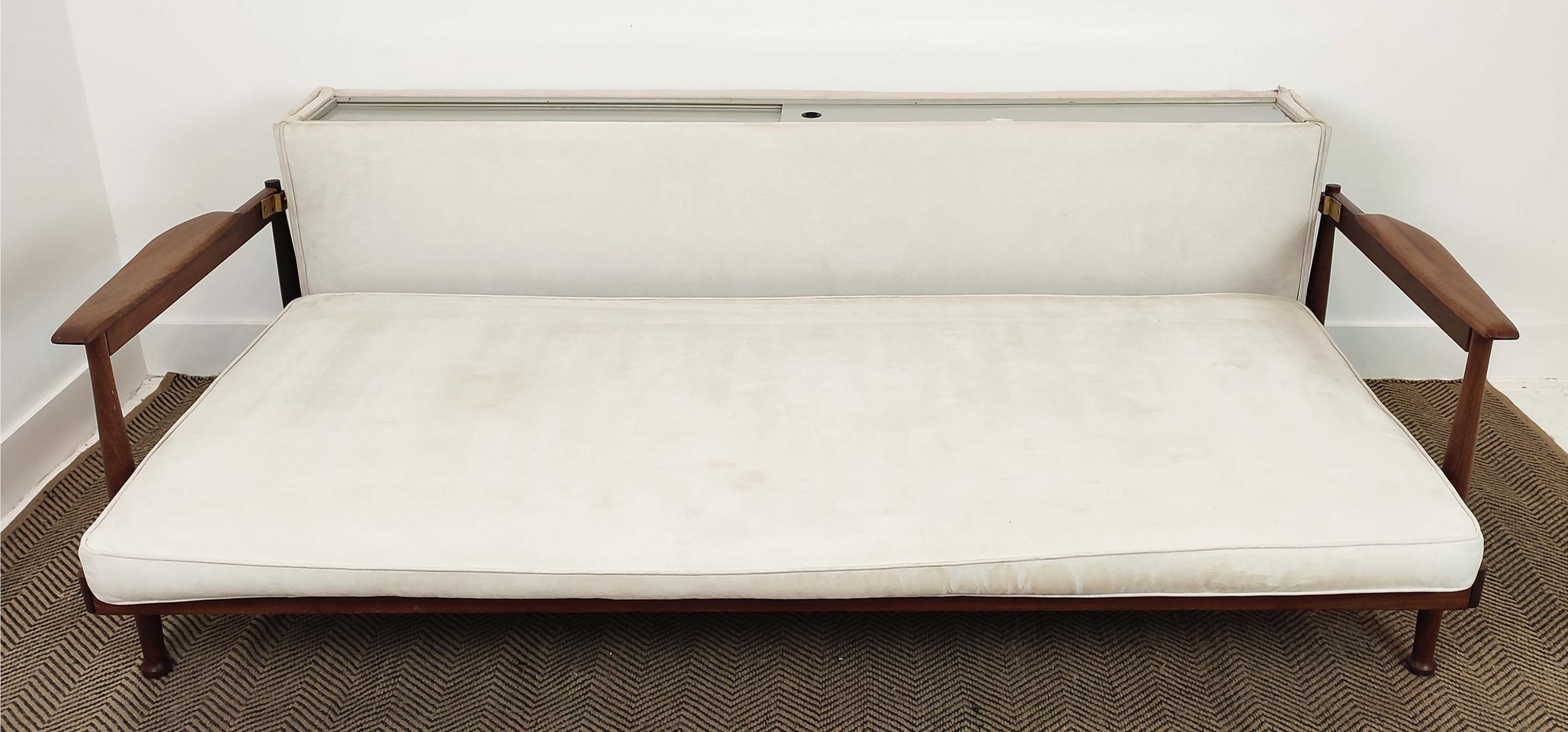 SOFA, vintage 20th century with a tilting back exposing hidden storage, 205cm W x 81cm D. - Image 7 of 9