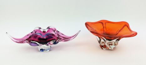 A BOHEMIAN GLASS PINK AND INDIGO CENTREPIECE BOWL, in the form of a stylised leaf, flared edges,