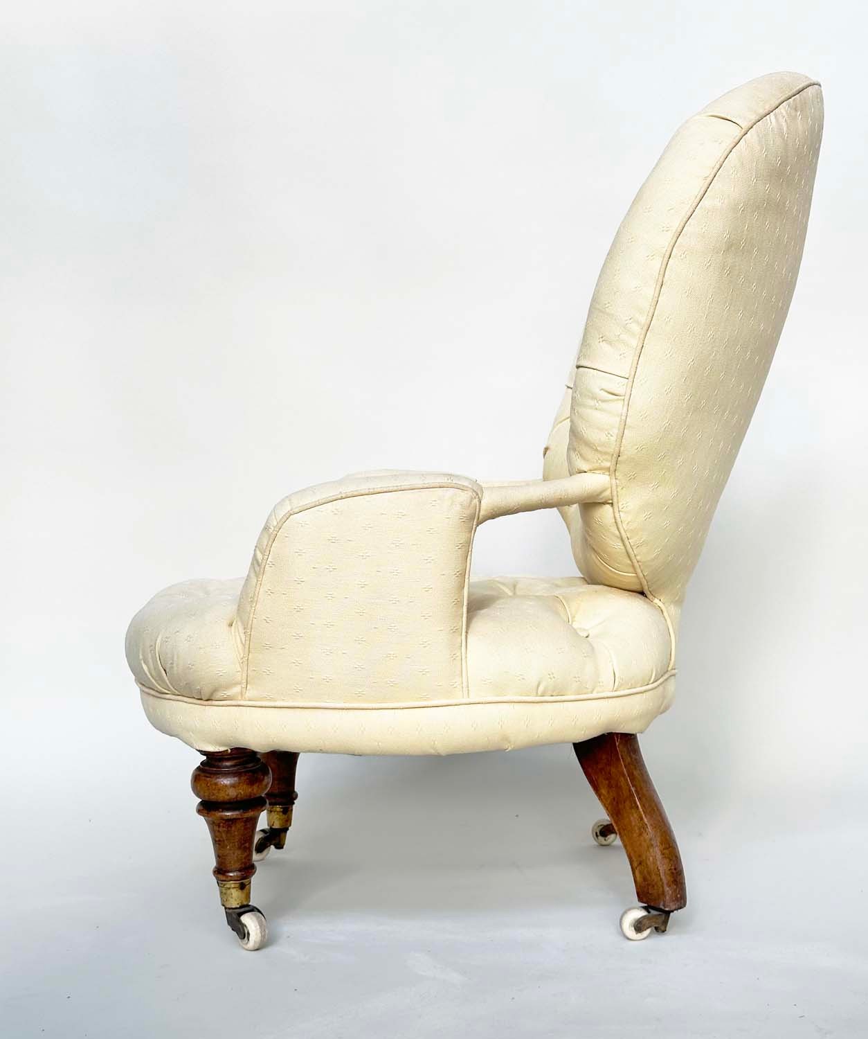 SLIPPER ARMCHAIR, 19th century button upholstered, yellow fabric with turned front supports, 46cm W. - Bild 7 aus 9