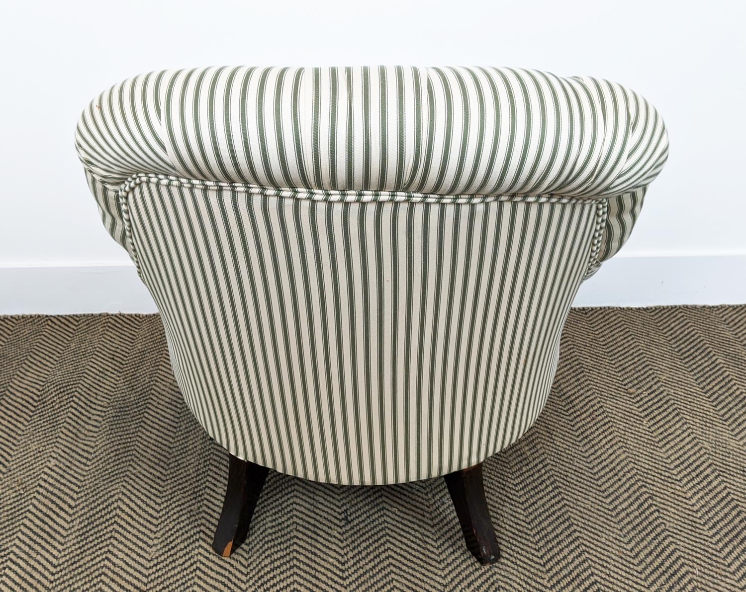 TUB CHAIR, late Victorian mahogany in green and white ticking on ceramic front castors, 72cm H x - Bild 6 aus 6