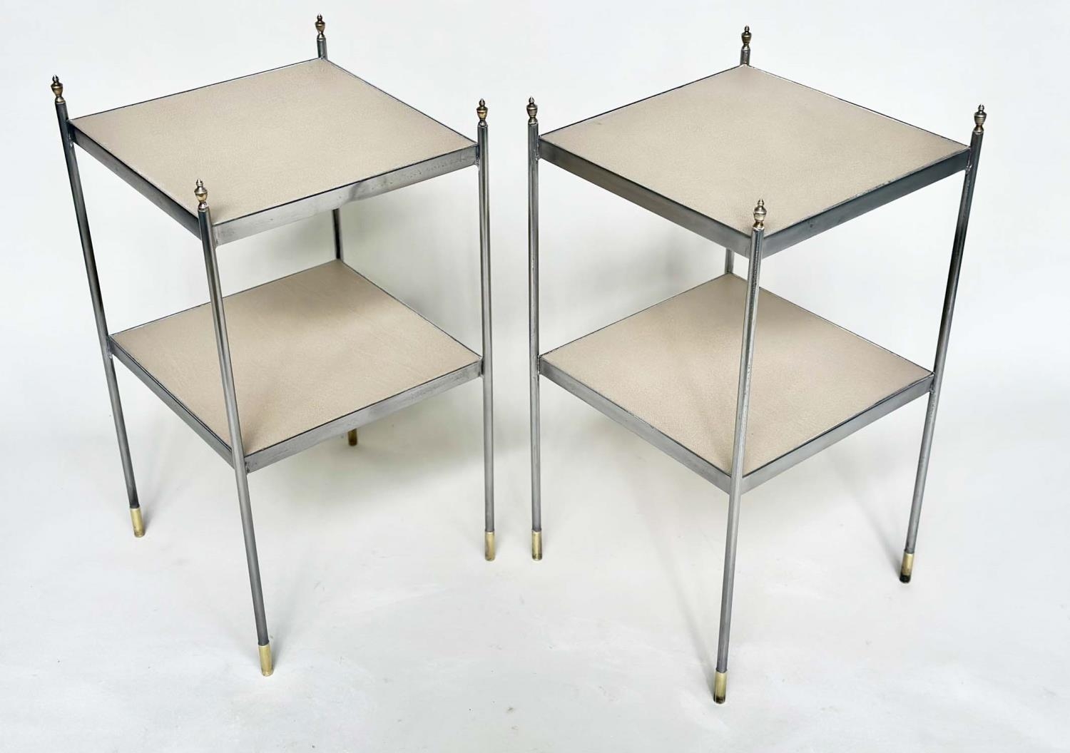 LAMP TABLES, a pair, early 20th century polished steel square two tiered each with neutral grained - Image 8 of 8