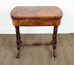 GAMES TABLE, mid Victorian burr walnut with inlaid chess, backgammon and cribbage board detail above