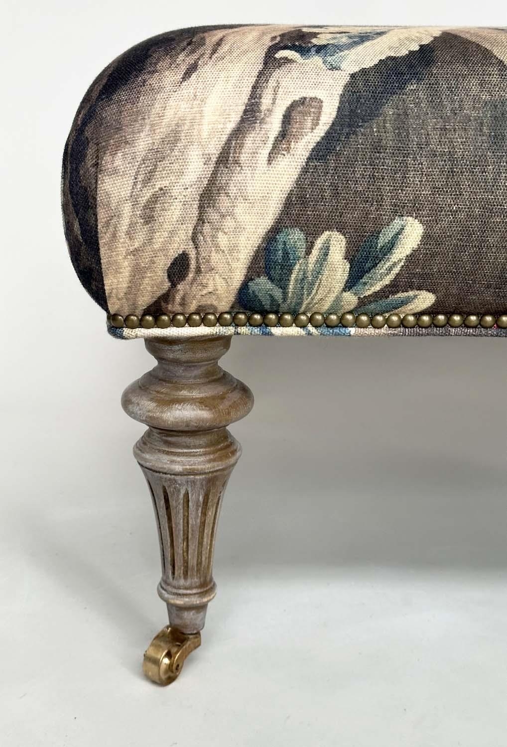 HEARTH STOOL, rectangular tapestry style linen raised upon turned tapering bleached oak supports, - Image 7 of 14