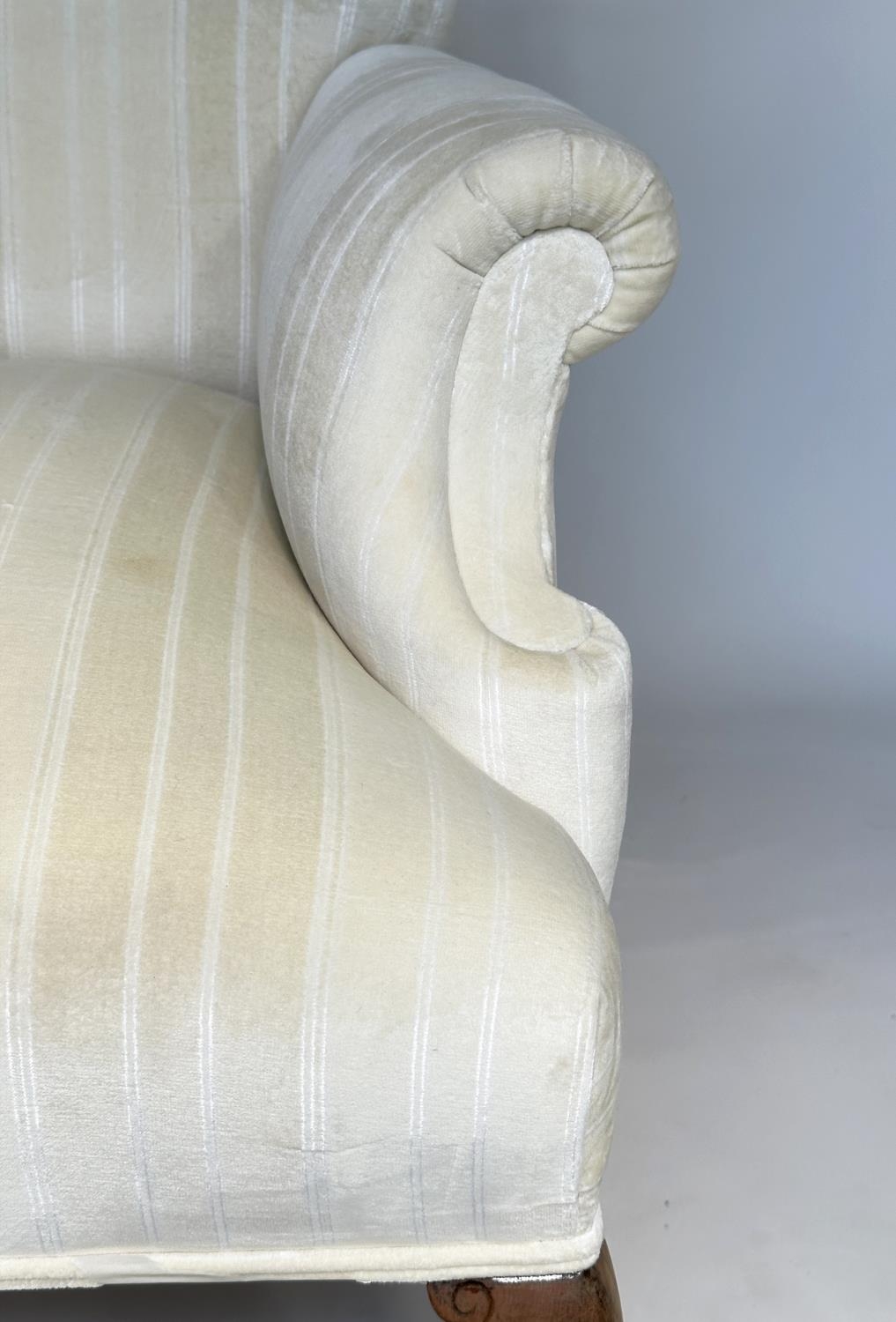 SCROLL ARMCHAIR, Edwardian style recently reupholstered, in neutral woven strip cotton with shaped - Image 5 of 5
