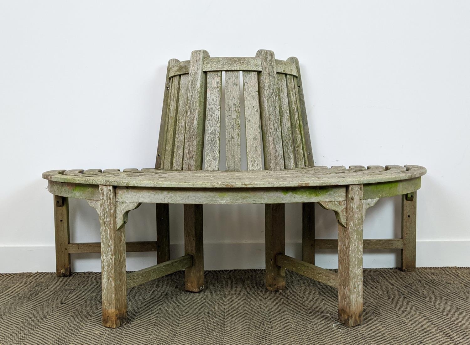 TREE BENCH, weathered teak of demi lune form, 90cm H x 151W, seat 42cm D. - Image 2 of 7