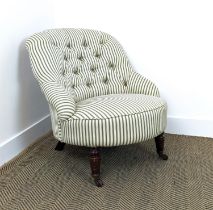 TUB CHAIR, late Victorian mahogany in green and white ticking on ceramic front castors, 72cm H x