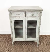 DWARF BOOKCASE, Edwardian style grey painted with two drawers above glazed doors, 90cm H x 69cm x