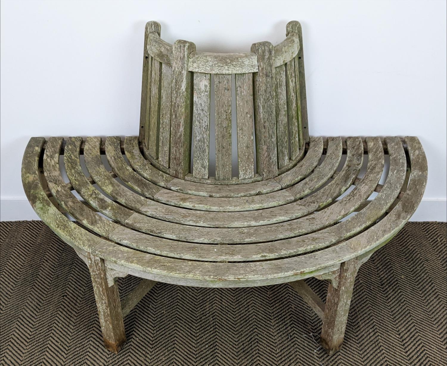 TREE BENCH, weathered teak of demi lune form, 90cm H x 151W, seat 42cm D. - Image 3 of 7
