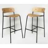 BAR STOOLS, a pair, bent wood with metal supports, 95cm x 76cm H (seat). (2)