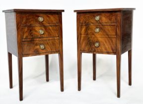 BEDSIDE CHESTS, a pair, Georgian style figured mahogany each with three drawers, 40cm W x 38cm D x
