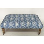 HEARTH STOOL, rectangular Pierre Frey toile de jouy upholstered with limed oak tapering supports,