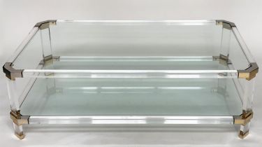 LUCITE LOW TABLE, Charles Hollis attributed with gilt metal frame, glazed top and undertier, 131cm W