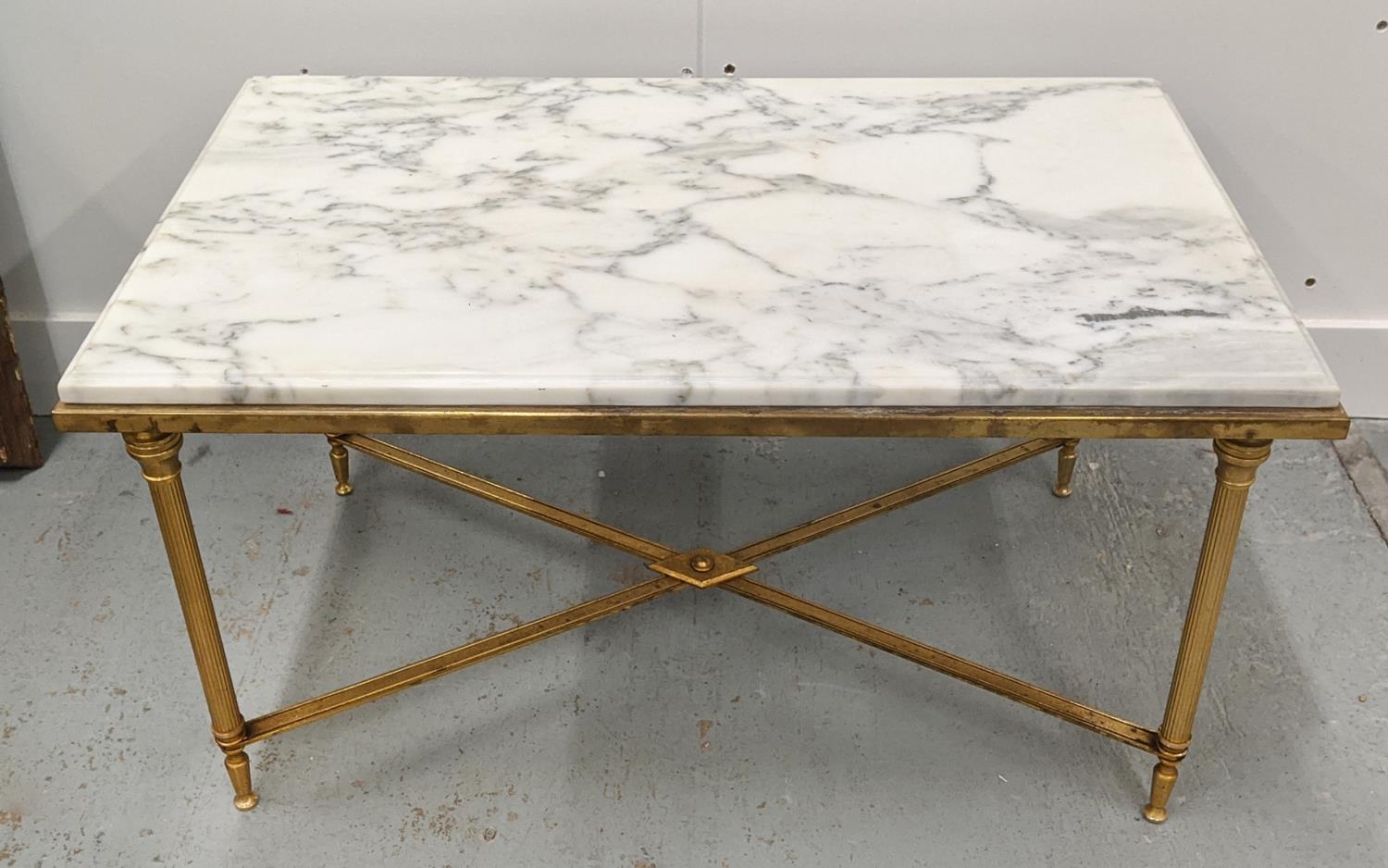 LOW TABLE, white marble top, gilt base, 76cm x 46cm x 41.5cm.
