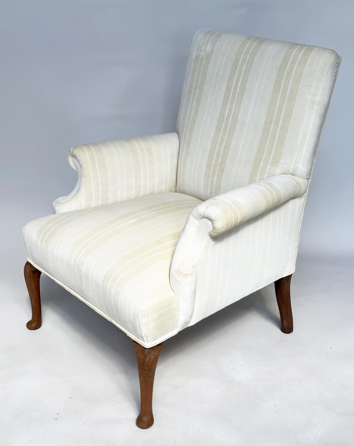 SCROLL ARMCHAIR, Edwardian style recently reupholstered, in neutral woven strip cotton with shaped - Image 2 of 5