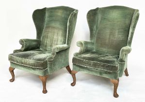 WING ARMCHAIRS, a pair, silvery Forest Green velvet upholstered with scroll arms and cushion
