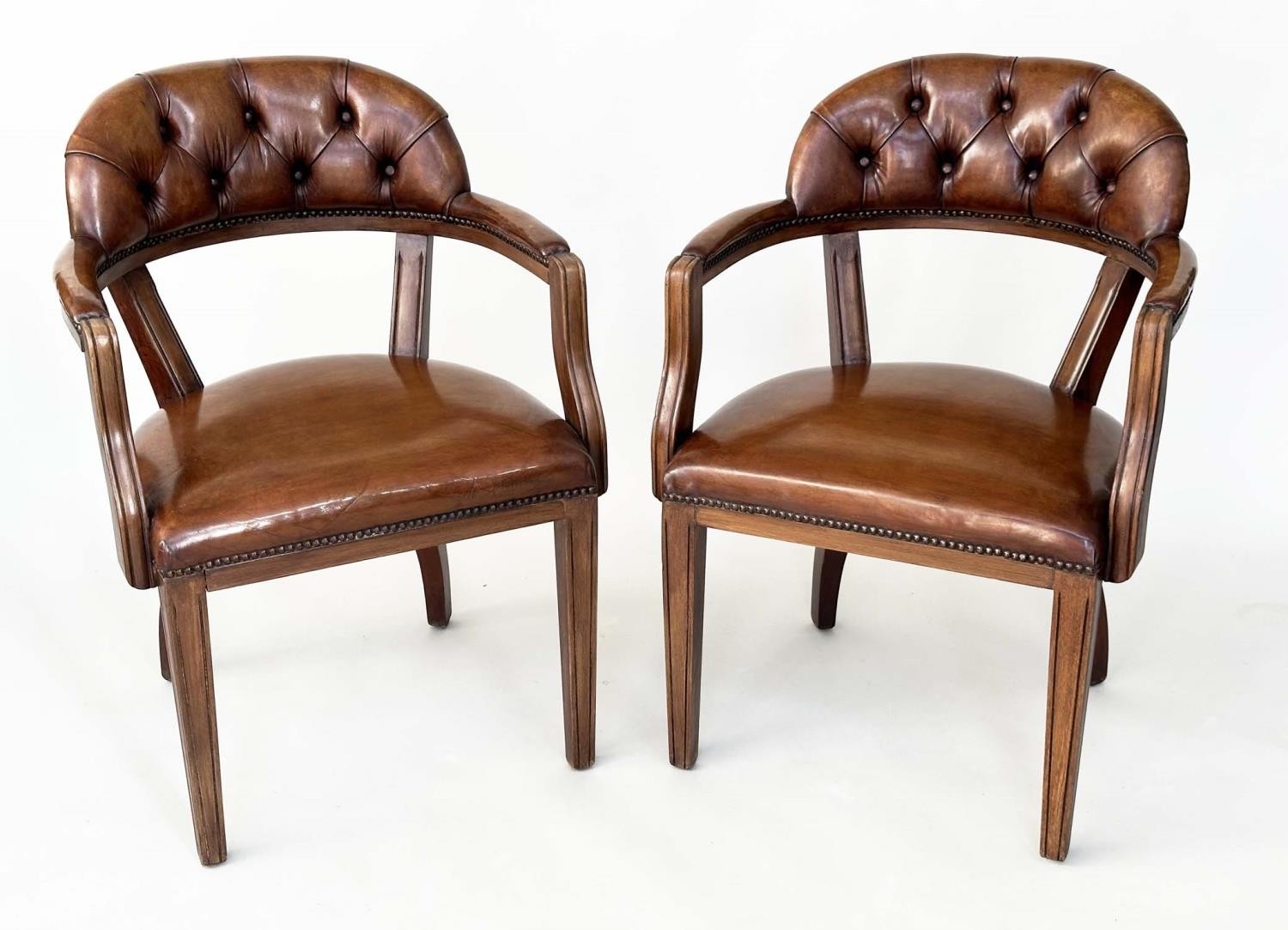 LIBRARY ARMCHAIRS, a pair, Georgian design antique studded and buttoned soft tan brown leather - Bild 3 aus 8