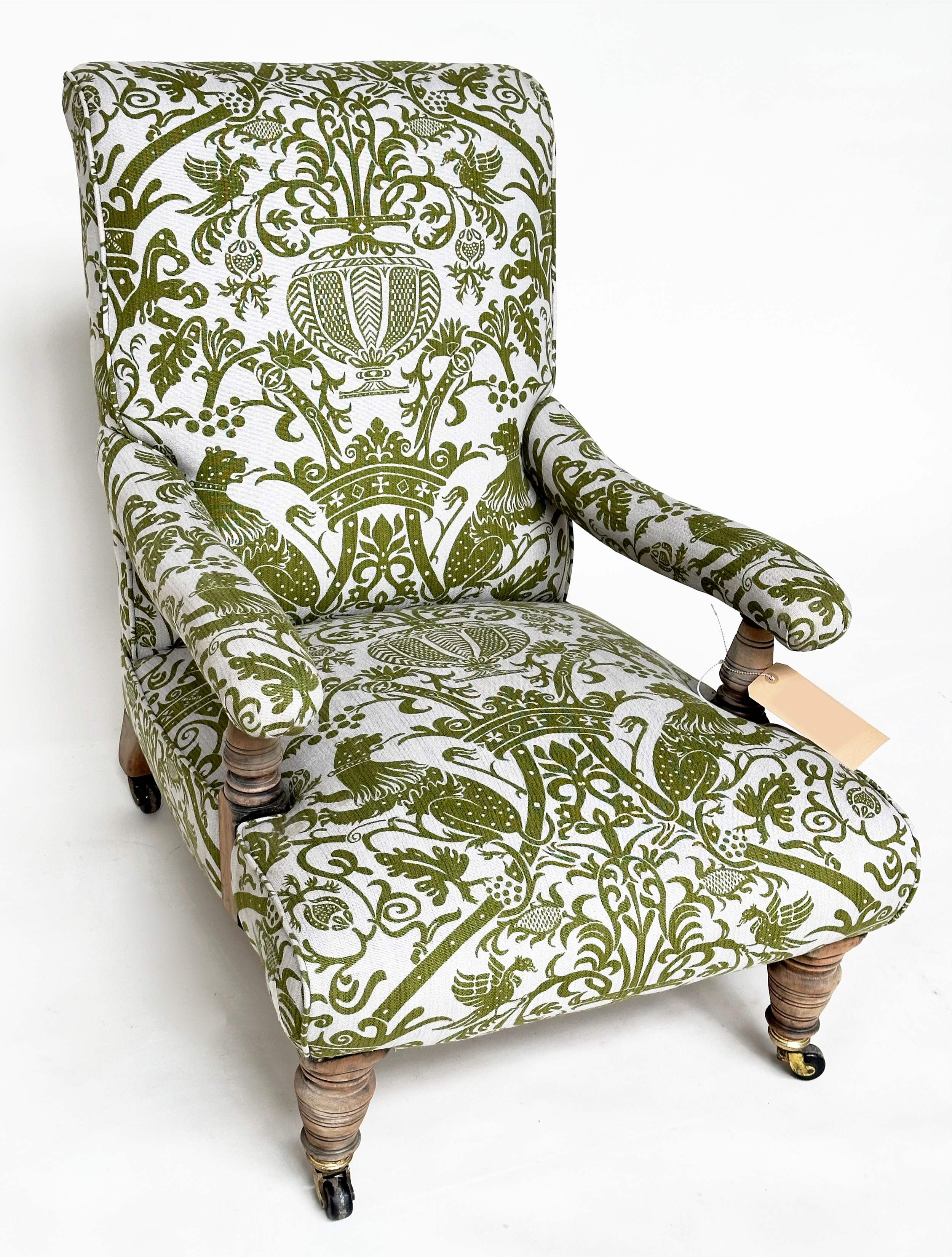 LIBRARY ARMCHAIR, Howard style late 19th century walnut, in the manner of Shoolbred with heraldic - Image 7 of 7