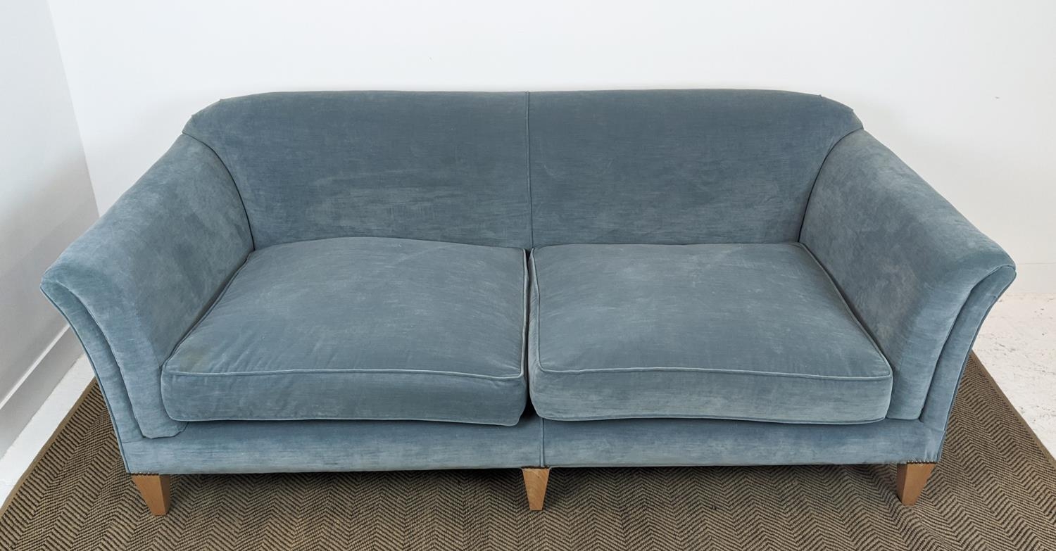 SOFA, velvet upholstered with seat cushions and beechwood legs, 83cm H x 224cm W x 103cm D. - Image 2 of 10