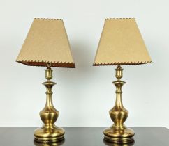 TABLE LAMPS, a pair, brass with parchment style shades and conjoined wiring, each 57cm tall