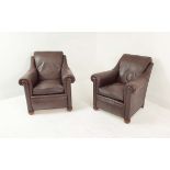 CLUB ARMCHAIRS, a pair, early 20th century French, stitched tan leather, 74cm H x 80cm W. (2)