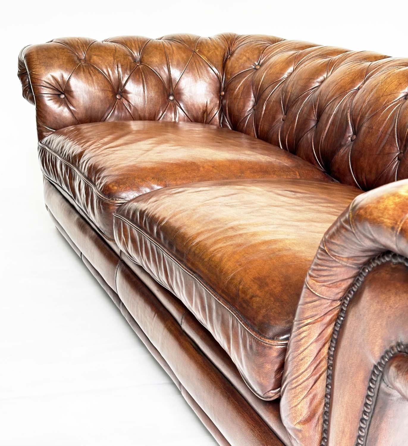 CHESTERFIELD SOFA, Victorian style natural soft antique hand finished tan brown leather with deep - Image 6 of 7