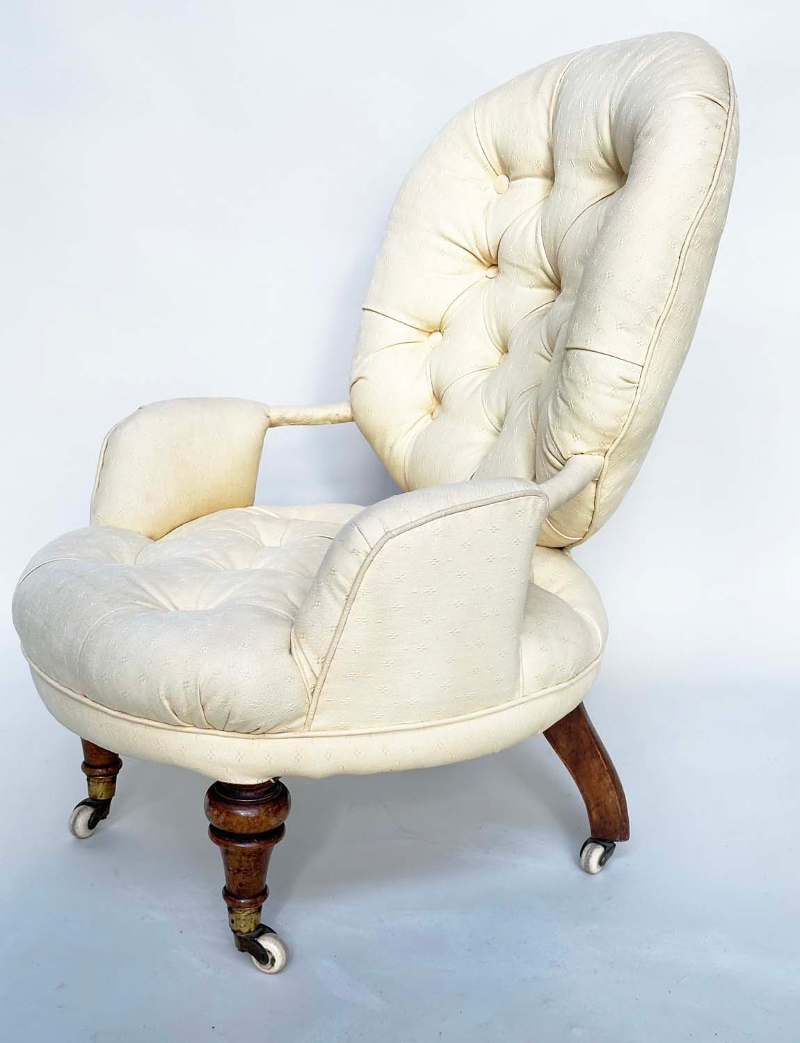 SLIPPER ARMCHAIR, 19th century button upholstered, yellow fabric with turned front supports, 46cm W. - Bild 5 aus 9