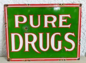 PURE DRUGS, vintage style enamel sign, aged finish 29cm H x 38cm W.