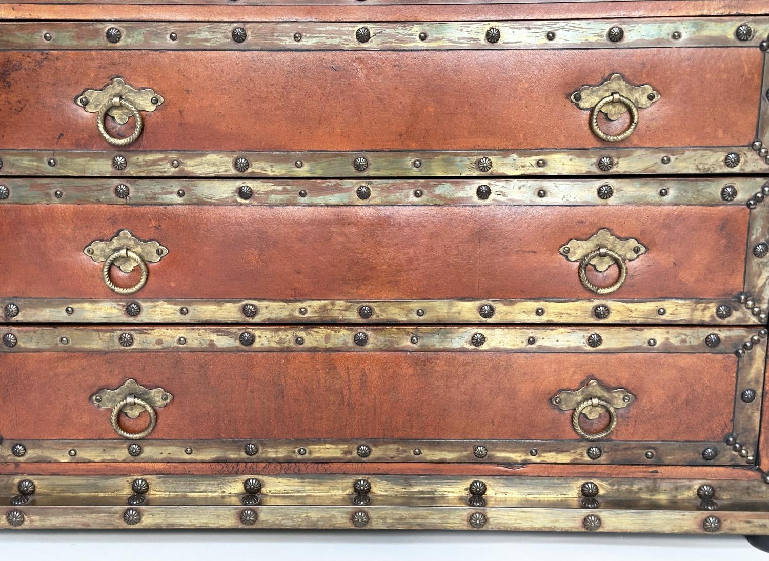 SPANISH STYLE CHEST, vintage leather and brass bound with three drawers and carrying handles, 95cm W - Image 7 of 16