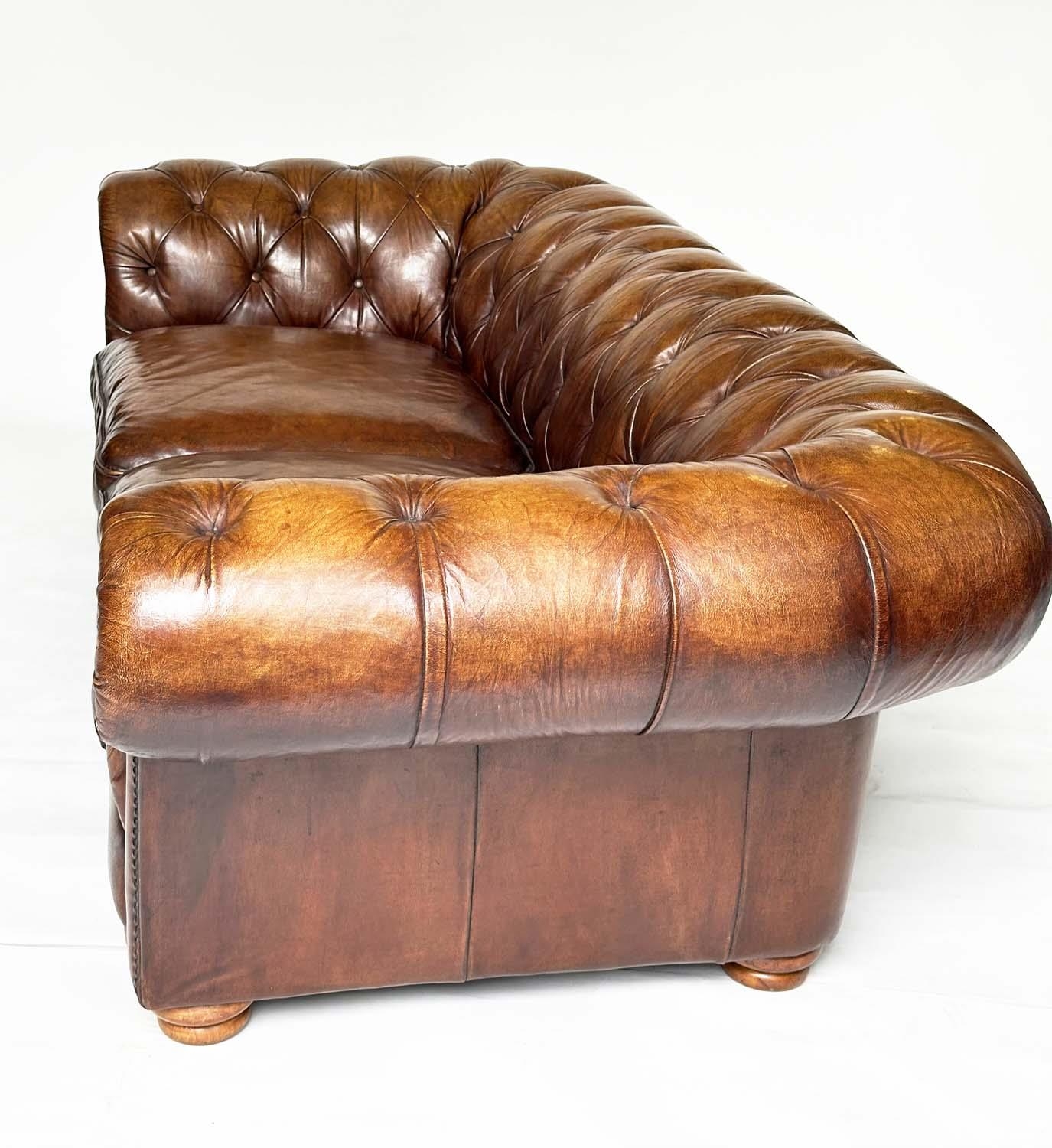 CHESTERFIELD SOFA, Victorian style natural soft antique hand finished tan brown leather with deep - Image 3 of 7