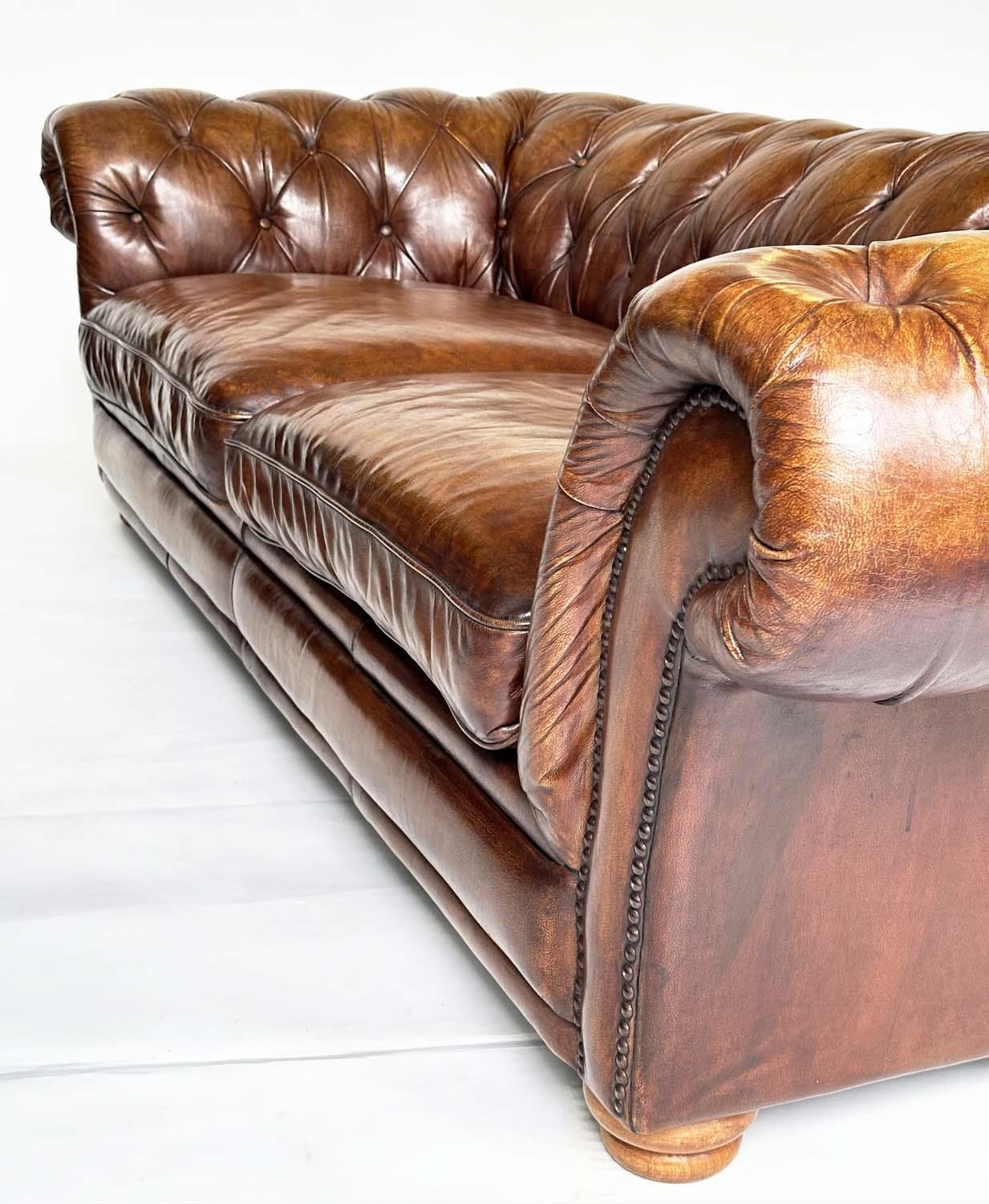 CHESTERFIELD SOFA, Victorian style natural soft antique hand finished tan brown leather with deep - Image 7 of 7