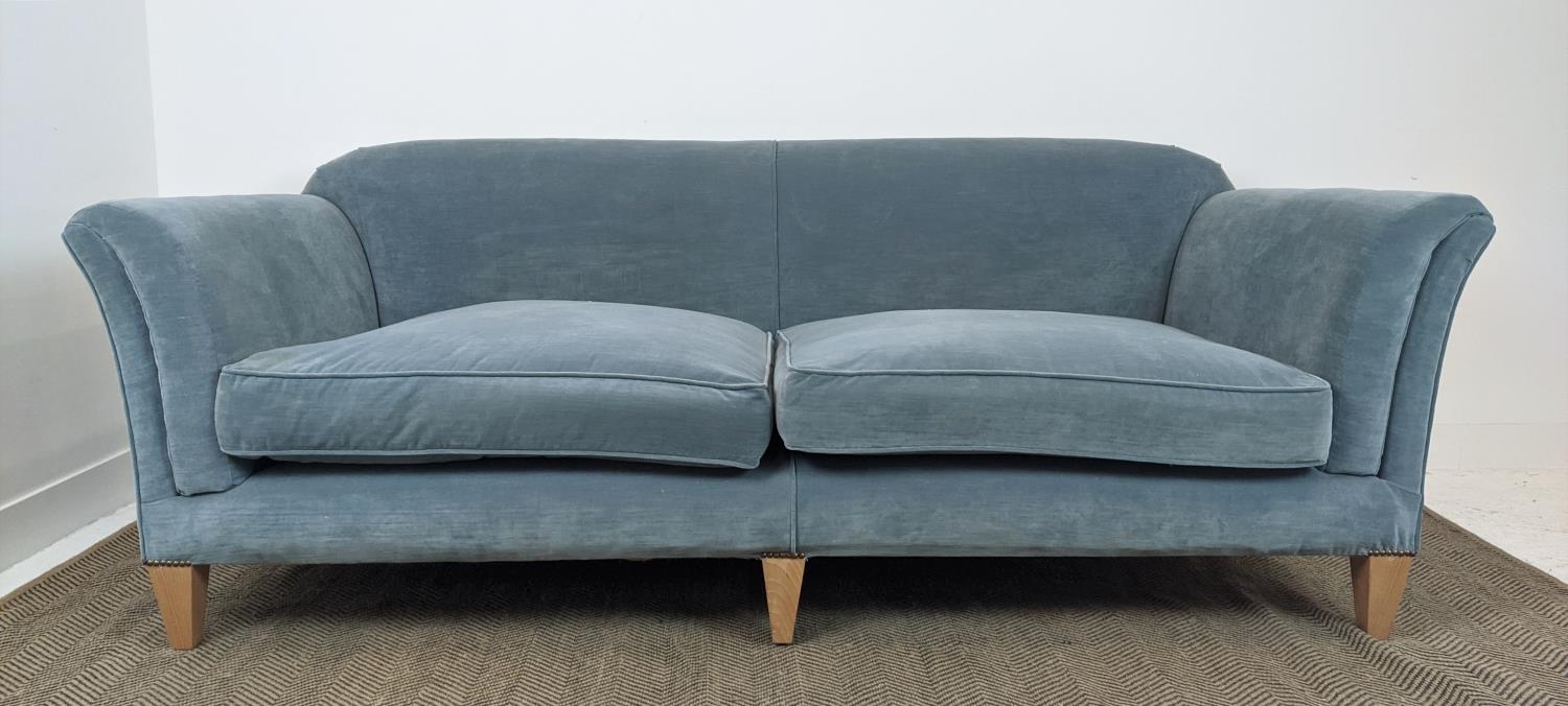 SOFA, velvet upholstered with seat cushions and beechwood legs, 83cm H x 224cm W x 103cm D. - Image 4 of 10