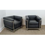 AFTER LE CORBUSIER PIERRE JEANNERT AND CHARLOTTE PERRIAND ARMCHAIRS, a pair, 76cm W approx. (2)